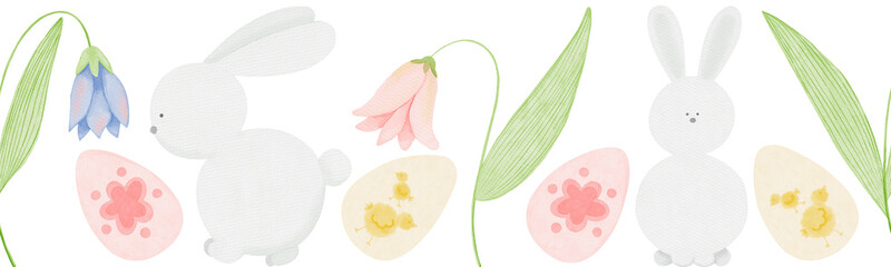 Seamless watercolor Easter border on a white background. Hand drawn illustration, print design.