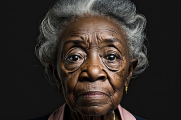 Portrait of a dark-skinned pensioner looking sadly into the camera against the background of a bright room. AI Generated