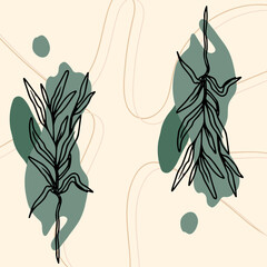 seamless boho flat pattern with autumn leaves illustration vector, Wall boho art minimal leaf.	set of green leaves. 