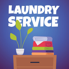 Laundry and laundromat banner with clean clothing, flat vector illustration.