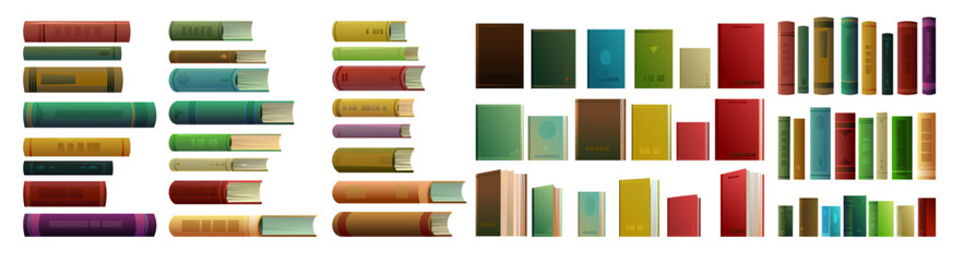 Set books objects. Side view from the front. Great collection for reading. Library or bookstore. Isolated on white background. Vector.
