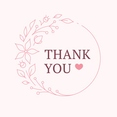 Thank you card pink elegant circle floral frame bloom leaves vintage line design template vector