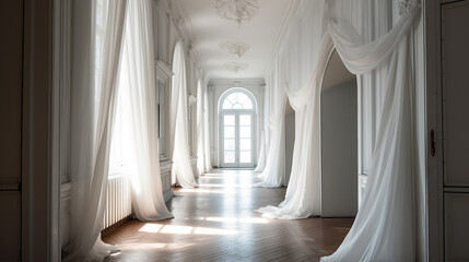 Bright white hall, white curtain Generated AI