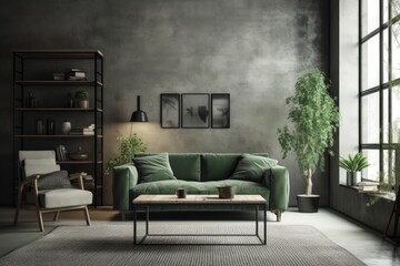 cozy living room with a green couch and coffee table. Generative AI