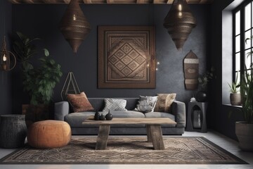 contemporary living room with a gray couch and wooden coffee table. Generative AI