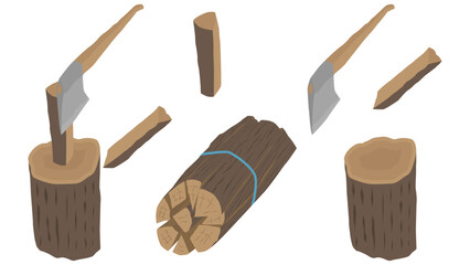 斧での薪割りと薪の束のベクターイラスト素材のセット