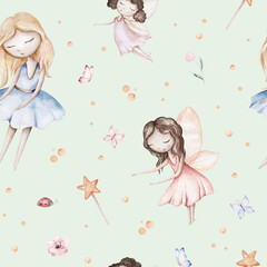 Fairy and Flowers watercolor seamless girls nursery pattern. Cartoon pink magic girl baby background. Faitytale textile art