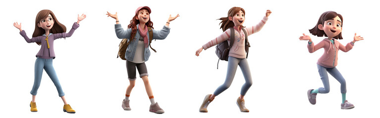 Group of 3D cartoon character cute young woman happy dancing, isolated on white and transparent background, ai generate
