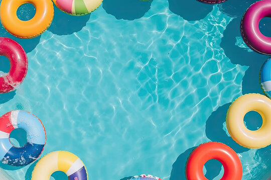 Water ripple background with inflatable balls and rings created with Generative AI technology