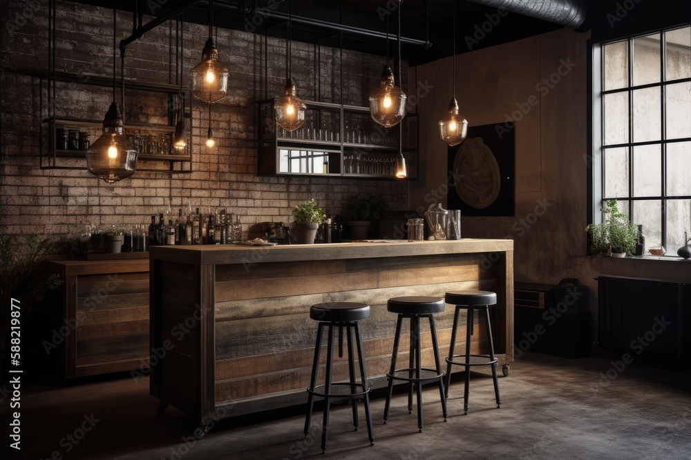 Poster small bar with three stools in front of a textured brick wall. Generative AI