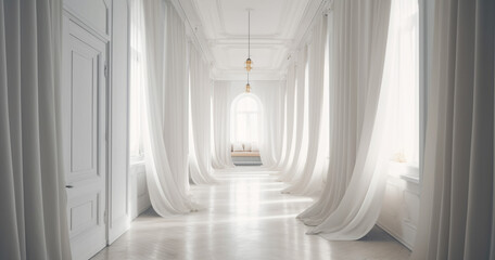 Bright white hall, white curtain Generated AI