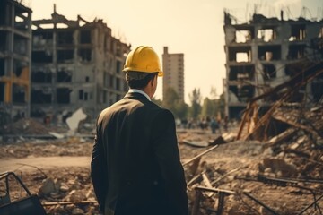 Businessman with arms crossed in yellow hard hat, generative AI