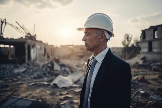 Businessman pointing at construction site, generative AI