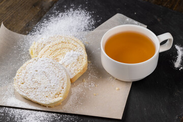 sweet dessert with cottage cheese cream and soft sponge cake