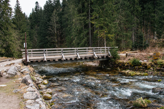 Wooden bridge over the river in a mountain valley. Koscieliska Valley, Poland