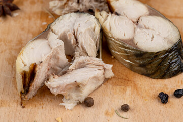 Fototapeta premium Smoked Atlantic mackerel cut into pieces