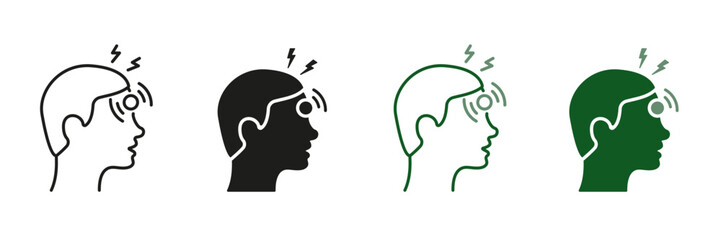 Headache Line and Silhouette Icon Set. Symptoms of Virus Disease, Flu, Cold. Head Disease, Fatigue Symbol Collection. Migraine, Health Problems, Pain, Stress, Tired and Burnout. Vector illustration