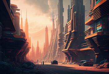 Naklejka na ściany i meble Futuristic city fictional in a cityscape landscape illustration. Generative AI