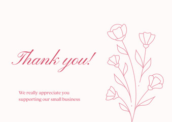 Thank you pink flower blossom card banner vintage romantic line design template vector illustration.