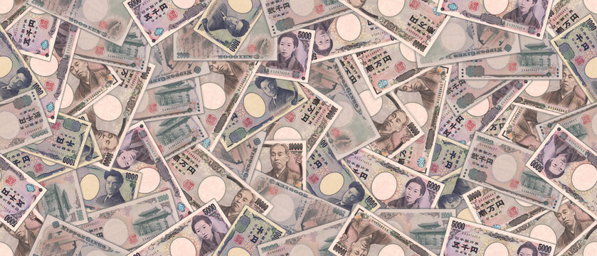 Financial Japanese illustration. Wide seamless pattern. Banknotes of Japan scattered randomly in denominations of 1000, 2000, 5000 and 10000 yen.