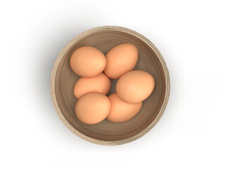 six eggs in a wooden bowl on a white background. Top view. 3D illustration