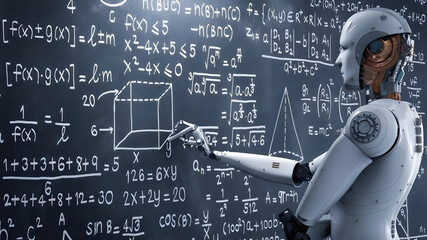 AI robot solving mathematical problems on the blackboard, ChatGPT, - obrazy, fototapety, plakaty