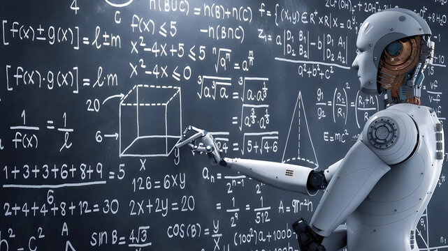 AI robot solving mathematical problems on the blackboard, ChatGPT,