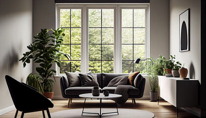 Fototapeta na wymiar modern, minimalist living room interior, featuring large windows that flood the space with natural light, and clean linescreating an atmosphere of simplicity, functionality, and comfort generative ai