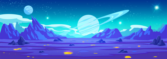 Purple alien space planet game cartoon background. Fantasy world landscape with mountain and rock land surface. Golden spill and stone on ground to explore desert. Star sparkle in sky galaxy