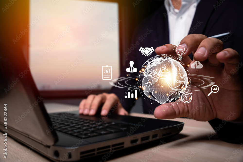 Aufkleber hand holding virtual global internet connection metaverse. business global internet connection appli