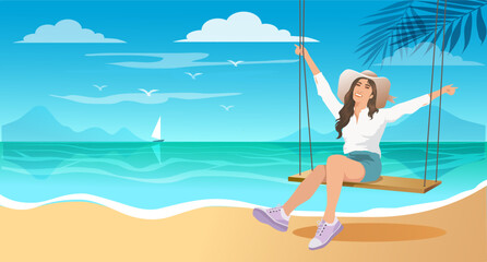 Summer scene, young woman sitting on swing on the beach, looking at the sea. Hello summer background and banner