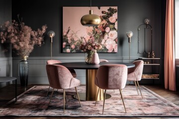 modern dining room with pink chairs and a colorful painting on the wall. Generative AI