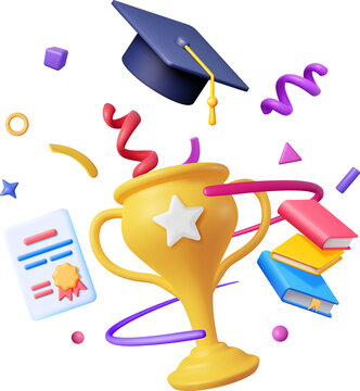 3D Gold Trophy, Books Stack And Graduation Cap