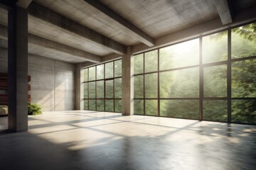 Illustration of an empty room with natural lighting and a comfortable bench. Generative AI