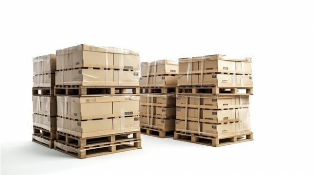 cardboard boxes stacked on industrial shipping pallets isolated on white Generated AI