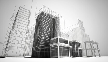 Fototapeta premium Abstract modern building wireframe, 3d render computer digital illustration. Generative digital illustration of the AI of a non-existent building model