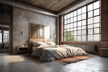 modern bedroom with a rustic brick accent wall and expansive windows. Generative AI