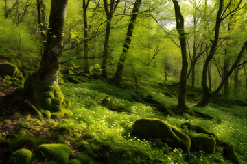 Sunlit Trees with Fresh Foliage, Vibrant Wildflowers, and Verdant Scenery - AI Generative