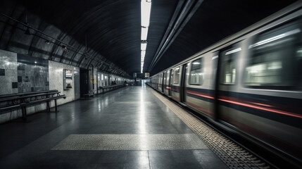 metro train in subway underground tunnel station platform with motion blur effect Generated AI