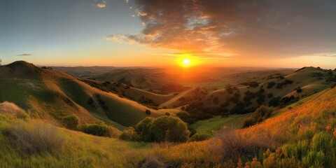 Naklejka na ściany i meble A panoramic view of rolling hills and a vibrant sunset | generative AI