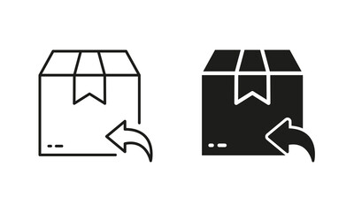 Return Parcel Box Silhouette and Line Icon Set. Exchange Package of Delivery Service Pictogram. Arrow Back Shipping Return Goods. Refund Product in Box. Editable Stroke. Isolated Vector Illustration