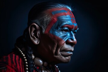 The image of the old warrior chief is made up of blue-red color. AI-generated images