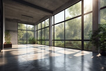 Illustration of an empty room with natural light and a touch of greenery from a potted plant. Generative AI