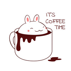 Square retro card with cute animal in cup in kawaii style. Vintage style card with lovely little bunny in cup. Can be used for t-shirt print, stickers, greeting card design. Vector illustration EPS8