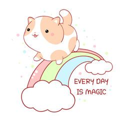 Affirmation for kids playroom, nursery. Sticker with inspirational positive quote Every day is magic. Cute little cat walks on the rainbow