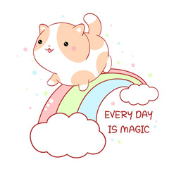 Fototapeta premium Affirmation for kids playroom, nursery. Sticker with inspirational positive quote Every day is magic. Cute little cat walks on the rainbow