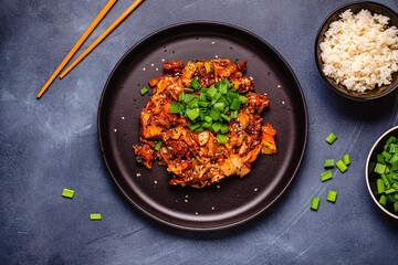 Fried kimchi with pork onions and spices. Traditional Korean food