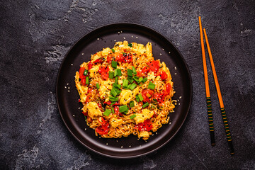 Korean style instant noodle, Shin Ramyeon with tomatoes and scrambled eggs.