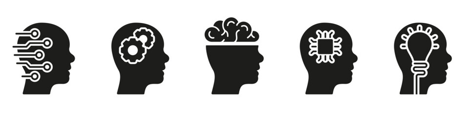 Brainstorm, Cyber Education Solid Symbol Collection on White Background. Intelligent Technology Glyph Pictogram. Human Head and Digital Science Black Silhouette Icon Set. Isolated Vector Illustration
