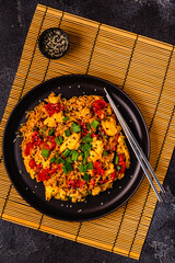 Korean style instant noodle, Shin Ramyeon with tomatoes and scrambled eggs.